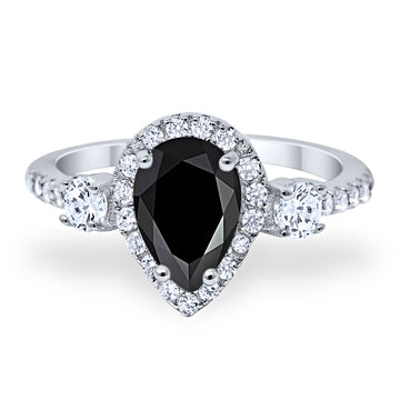 Three Stone Halo Teardrop Fashion Ring Pear Simulated Black CZ 925 Sterling Silver